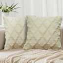 EMMTEEY Boho Pillow Cases 18x18 Inch Set of 2, Striped Embroidered Faux Fur Pillow Covers - Wrinkle Free & Decorative Accent Cushion for Sofa Couch Bed (Beige)