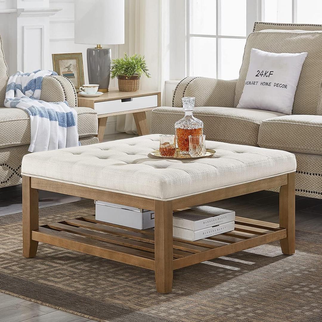 24KF Large Square Upholstered Tufted Linen Ottoman Coffee Table, Large Footrest Ottoman with Solid Wood Shelf-Ivory, 33.5"D x 33.5"W x 18"H
