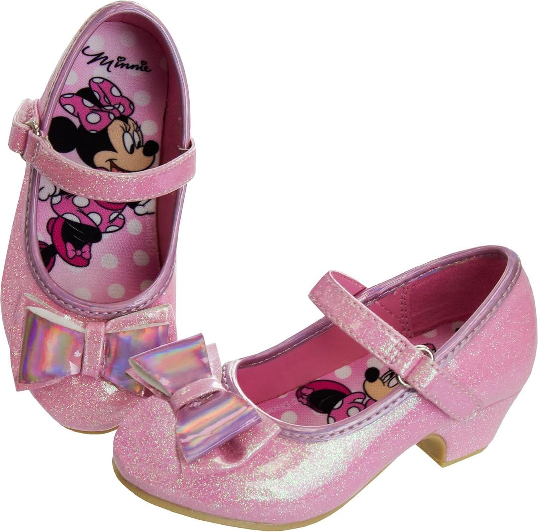 Disney Shoes - Girls Mary Jane Flat Pump Strap with Bow - Kids Character Princess Dress up Costume Flower School Party Flats Slip on - Toddler/Little Kid (Pink-minnie)