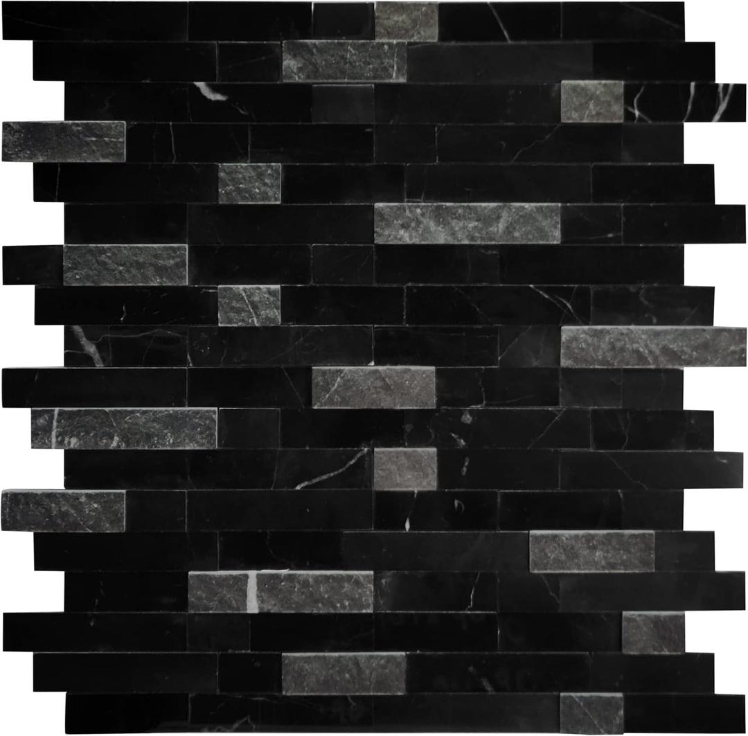 SUNWINGS 5-Sheet Peel and Stick Mosaic Natural 3D Stone Self Adhesive Marble Tiles, 11.5" x 10.7" Stick on Backsplash for Kitchen Bathroom Fireplace Vanity, Mixed Black