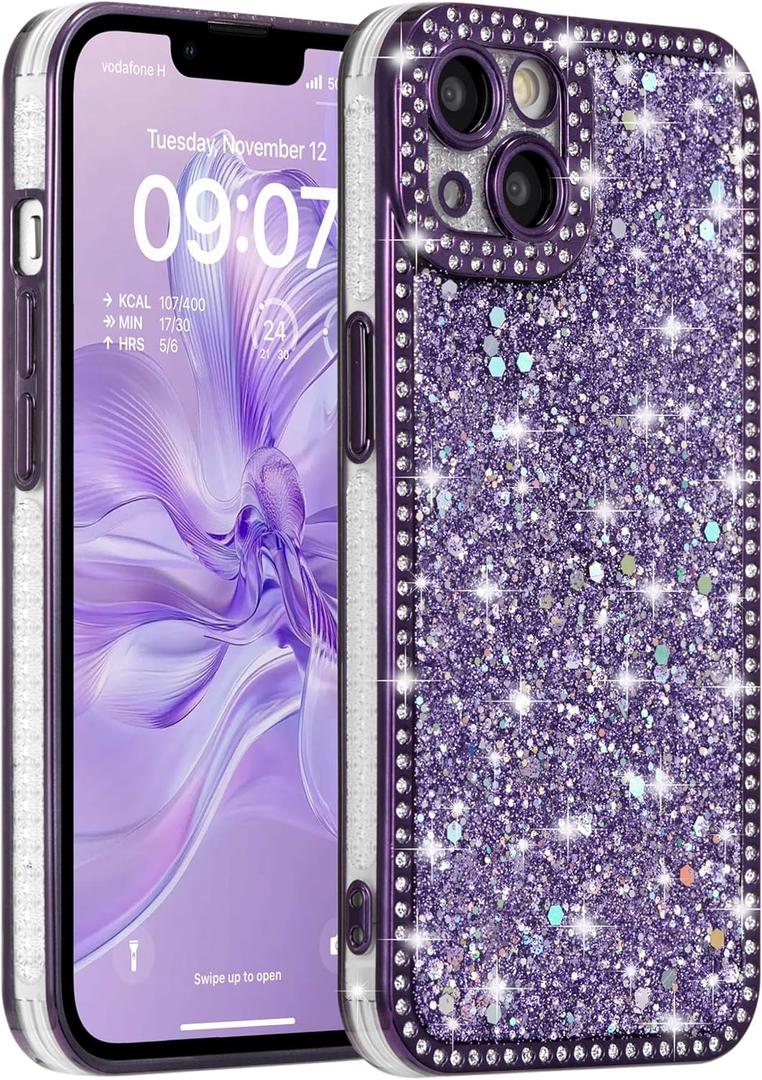 FABSPARK Case for iPhone 14,Glitter Crystal Diamond Rhinestones Sequin Shiny Bling Sparkly Glossy Luxury Electroplated Case,Aesthetic Cute Full Protection for iPhone 14,Purple