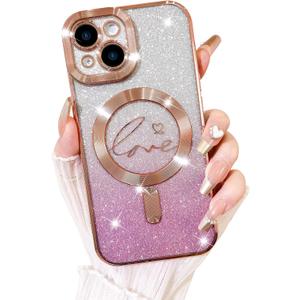 Fiyart Designed for iPhone 15 Case,Compatible with MagSafe Love Heart Plating Camera Protection TPU Magnetic Glitter for Women Girls Shockproof Phone Bumper 6.1"-Pink