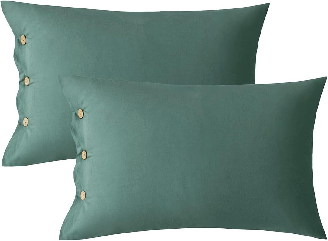 JELLYMONI Pillowcases King Set of 2 Cotton Button Pillow Covers 2036in Dark Green Bed Pillow Cases 100% Washed Cotton Soft Breathable (Pillows are not Included)