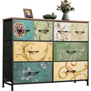 WLIVE 8 Drawer Dresser for Bedroom, Wide Fabric Dresser Storage Organizer, Chest of Drawers with Wood Top, Sturdy Steel Frame, Dressers for Living Room, Closet, Hallway, Floral Painted