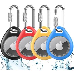 UNBREAKcable AirTag Holder for Apple - 4 Pack Air Tag Case [Professional Carabiner] [Waterproof] [Shockproof] TPU AirTag Keychain for Kids, Pets, Keys, Luggage, Backpacks (Black+Red+Yellow+Blue)