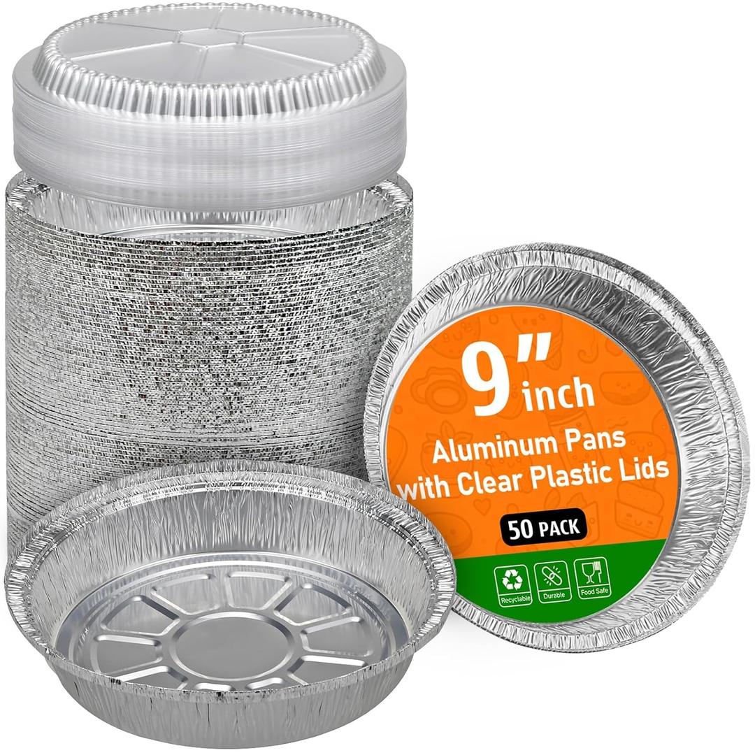 50 Pack 9" Round Aluminum Pans with Clear Lids, Pie Tins Disposable Foil Pans with Lids, Take Out Containers, Freezer Oven Safe Aluminum Baking Pans for Storing, Baking, Meal Prep & Reheating