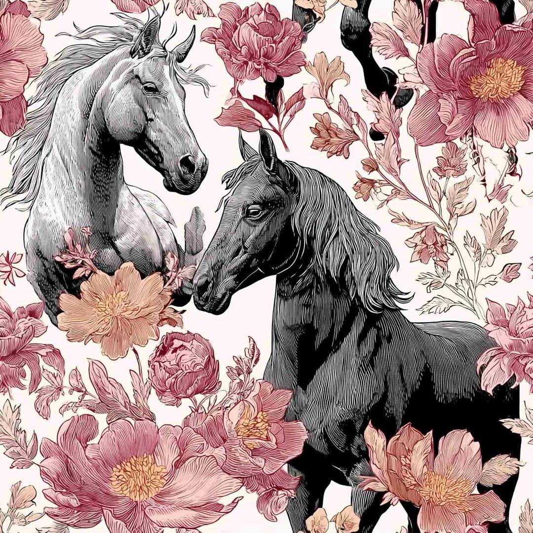 Horse Wallpaper  Vintage Floral Peel and Stick Wallpaper with Horses and Blossoms for Home Decor | 17.7" x 236", Self-Adhesive, Waterproof Vinyl (ML-M033)