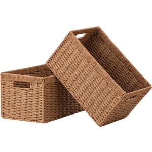 UBBCARE 2 Pack Wicker Basket, 13.4L8.3H7.1W inch Woven Paper Rope Storage Baskets for shelves, Foldable Rectangular Storage Baskets with Handle, Storage Basket for Organizing, Caramel