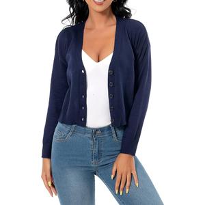 Women's Long Sleeve Cropped Cardigan Sweaters V Neck Solid Button Down Knit Shrugs, Size Large, Blue