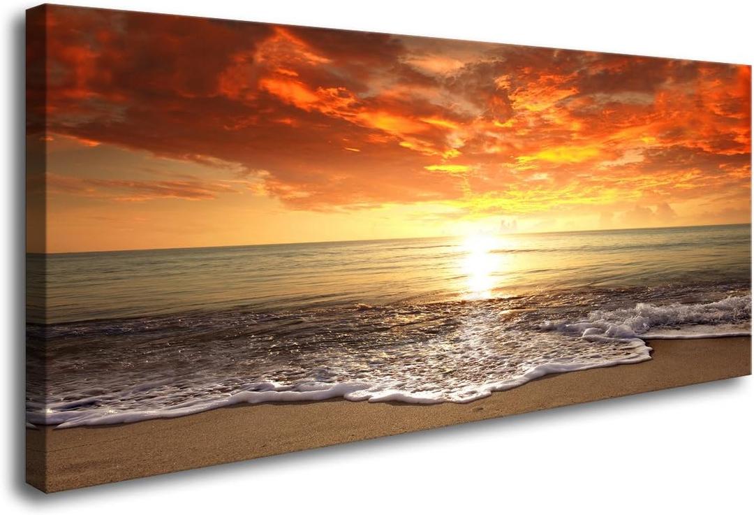 Baisuart-S0162 Canvas Prints Wall Art Sunset Ocean Beach Pictures Photo Paintings for Living Room Bedroom Home Decorations Modern Stretched and Framed Seascape Waves Landscape Giclee Artwork (48"L x 24"W, Golden)