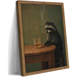 Framed Vintage Raccoon Wall Art, Moody Raccoon Canvas Prints, Funny Dark Academia Animal Poster, Classic Oil Painting Style Artwork, Whimsical Wall Decor for Living Room Bedroom Office 24x36in