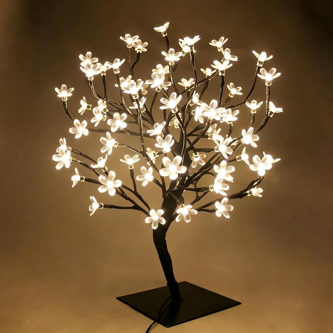 PMS 23inch 90 LEDs Cherry Blossom Tree Lights Desk Top Bonsai Tree Lamp with Low Voltage Transformer, Ideal for Christmas Wedding Party Bedroom Home Decoration (Warm White)
