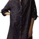 AIHUKOCY Women Hollow Out Eyelet Button Down Lapel V Neck Long Sleeve Ruffle Flowy Solid Oversized Loose Mini Shirt Dress small