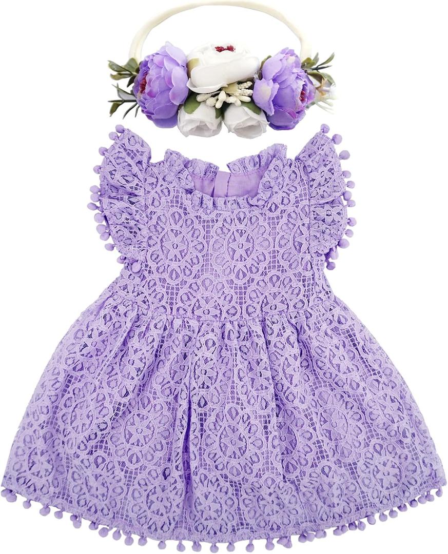BGFKS Baby Girl Tutu Dress Elegant Lace Pom Pom Flutter Sleeve with Flower Headband Set (2T, Purple)
