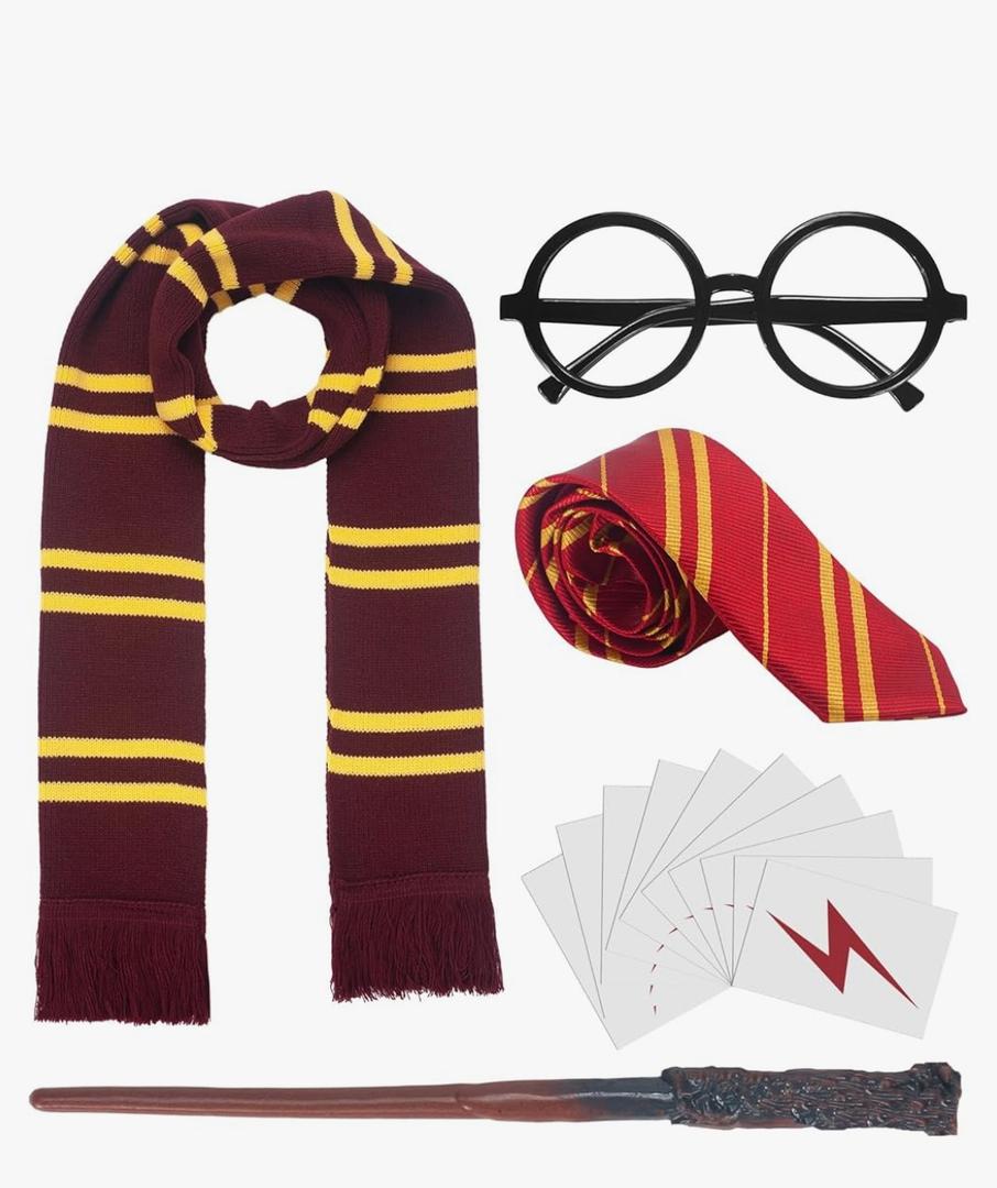 Wizard Costume Accessories Set, Halloween Cosplay Costume with Robe, Scarf, Wand, Tie, Glasses for Dress-up Party Item is Missing pieces