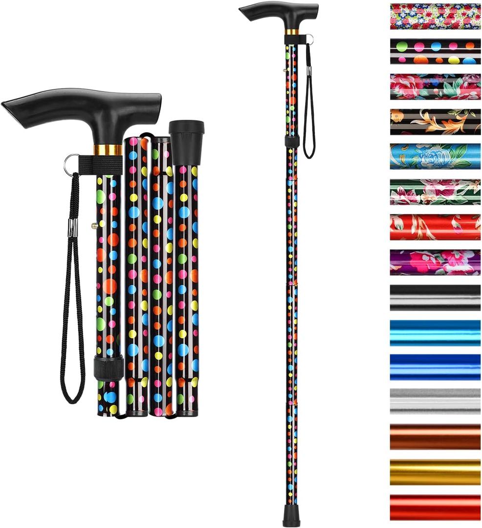 supregear Folding Cane, 5-Level Adjustable Height Walking Stick Lightweight Collapsible Portable Travel Cane with Wrist Strap and T Handle for Elderly Disabled Men Women (Black Polka Dots)