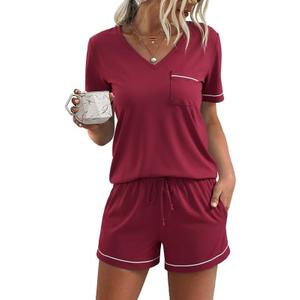 Litherday Womens Pajama Sets Short Sleeve Pajamas Soft Pjs Sleepwear V Neck Tops & Shorts with Pockets  (Wine Red, M)