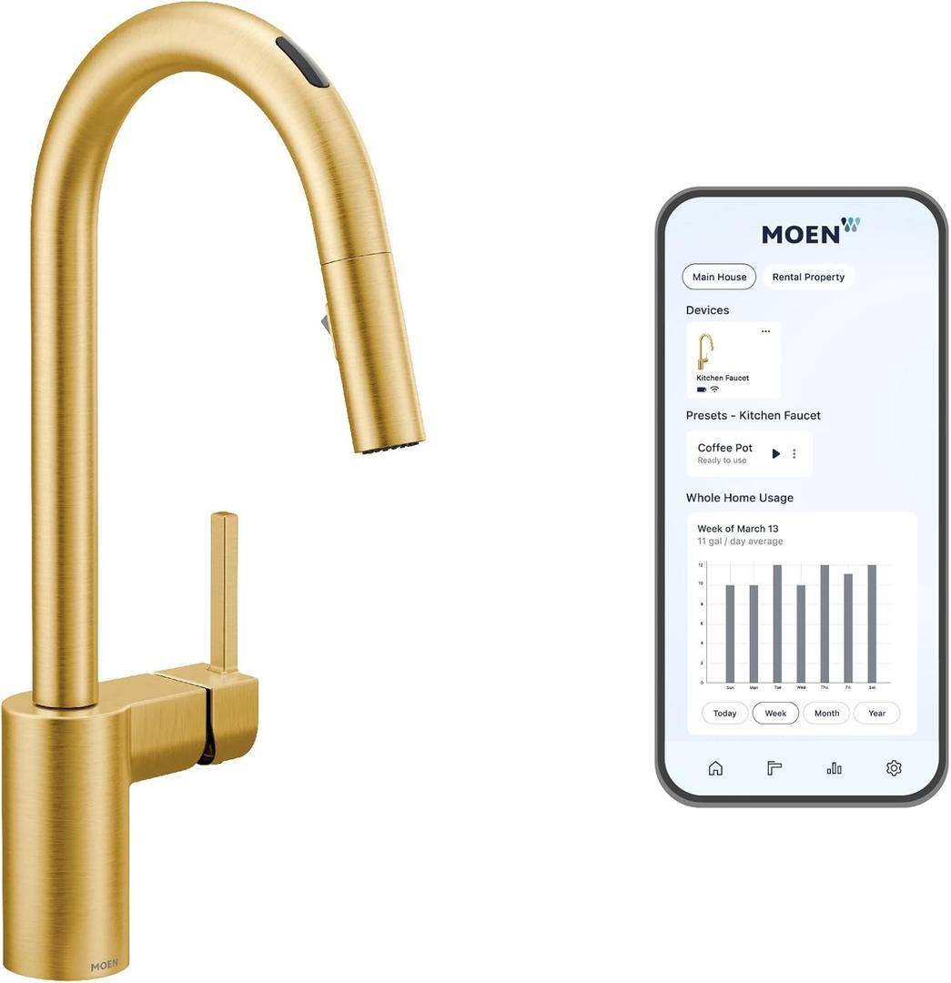 Moen Align Brushed Gold Smart Faucet Touchless Kitchen Faucet with Pull Down Sprayer, Modern Kitchen Sink Faucet with Voice Control and Power Boost, 7565EVBG