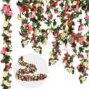 12 Pcs 100 ft Flower Garland Artificial Rose Vine with Green Leaves Hanging Artificial Flower Vines Ivy Garlands Wall Garden Decor for Room Wedding Birthday Arch Decor(Champagne)