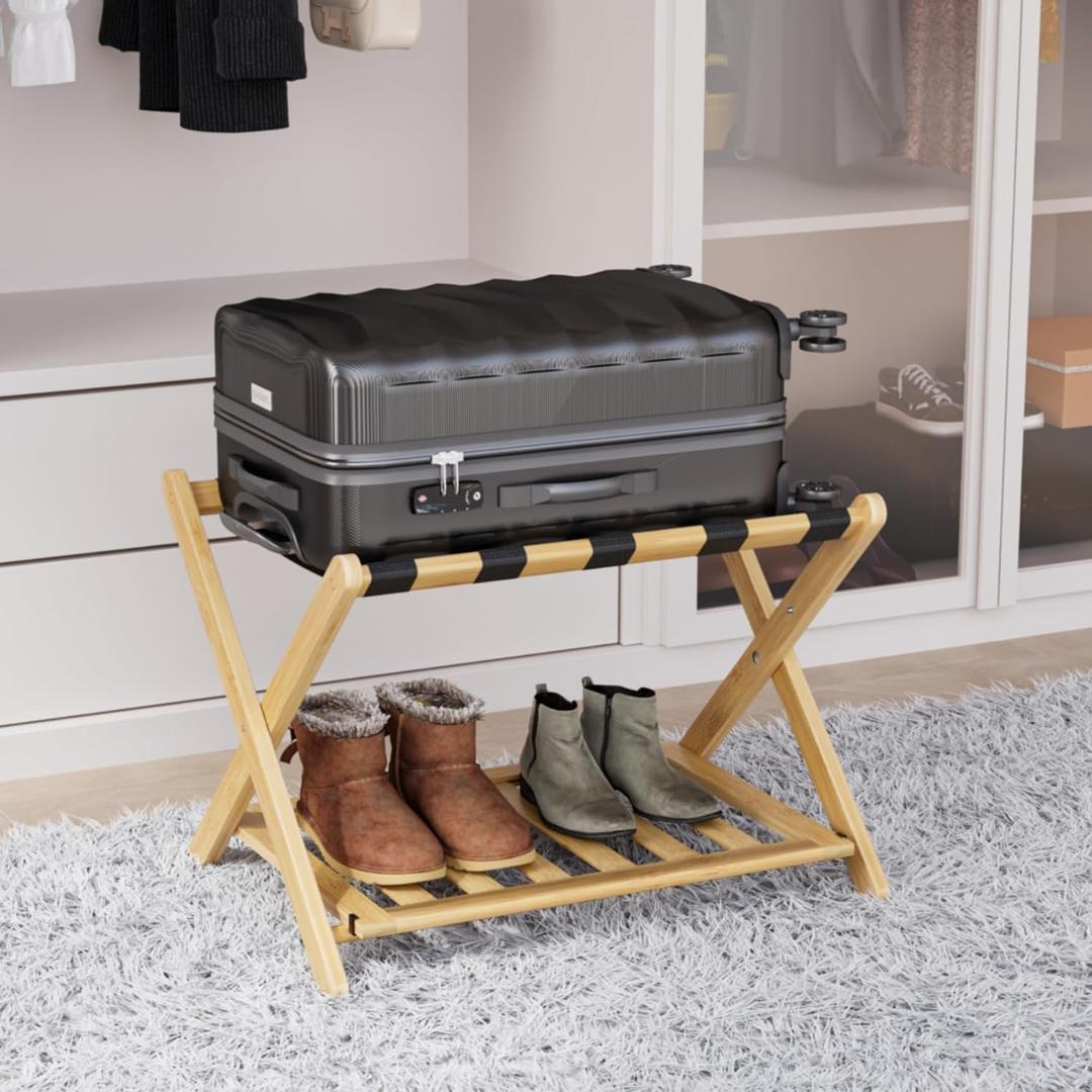 Fully Assembled Bamboo Luggage Rack, Heavy Duty Folding Suitcase Stand with Storage Shelf, Guest Room Essentials, Ideal for Bedroom, Hotel, Natural (Natural wood -1pack)