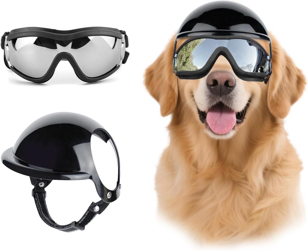 LESYPET Dog Helmet and Goggles, Large Dog UV Protection Pet Sunglasses Motorcycle Helmet, Adjustable, Riding and Driving, Black