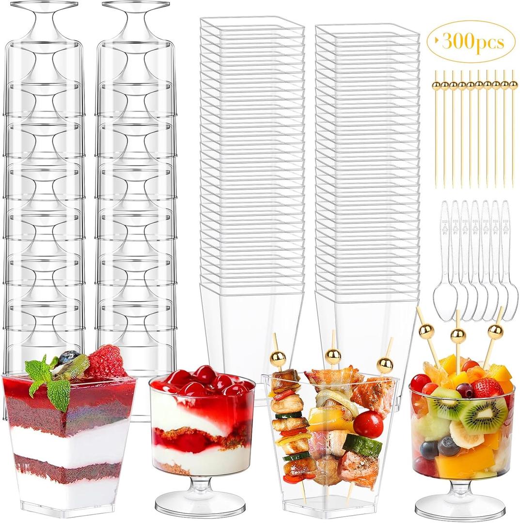 mwellewm 100Pcs Dessert Cups with Spoons & Cocktail Picks 5 Oz Mini Clear Plastic Parfait Shooter Cup Round Small Round Serving Goblet Disposable Appetizer Fruit Desert Bowl for Party Charcuterie (300pcs)