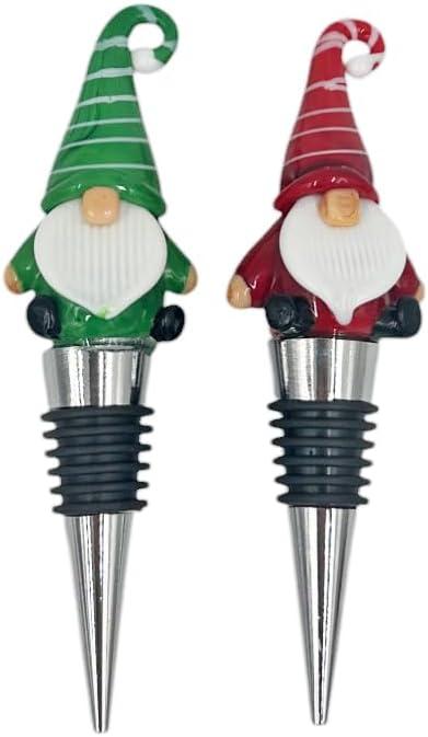 Gnome Wine Bottle Stoppers Set of 2 - Christmas Red/Green Reusable Universal Bottle Stopper Silicone Saver Handmade Glass Unique Gifts Holiday Bar Wedding - Vibrant Colors! (2)