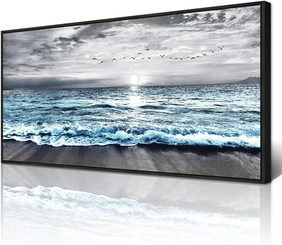 Wapluam Large Black Framed Wall Art For Living Room Wall Decorations For Bedroom Office Wall Decor Black And White Wall Painting Blue Sea Wave Pictures Artwork For Modern Beach Canvas Prints Poster (40L" x 20W")