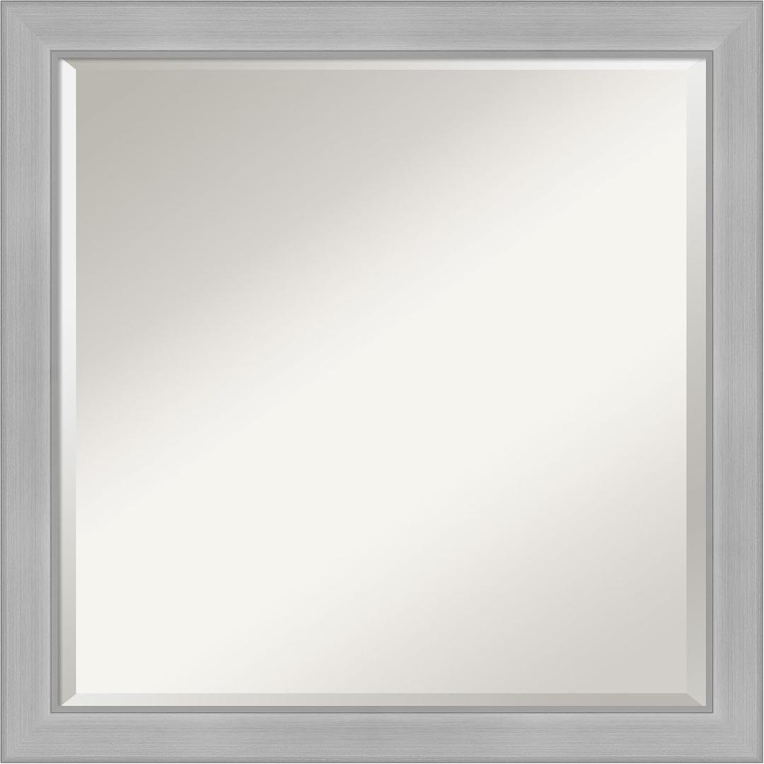 Amanti Art Silver Bathroom Mirror for Over Sink, 23x23 Vista Brushed Nickel Narrow Square Vanity Mirror, Medium Casual Frame, Hangs Horizonally and Vertically, Bathroom Wall Decor, Beveled Edge