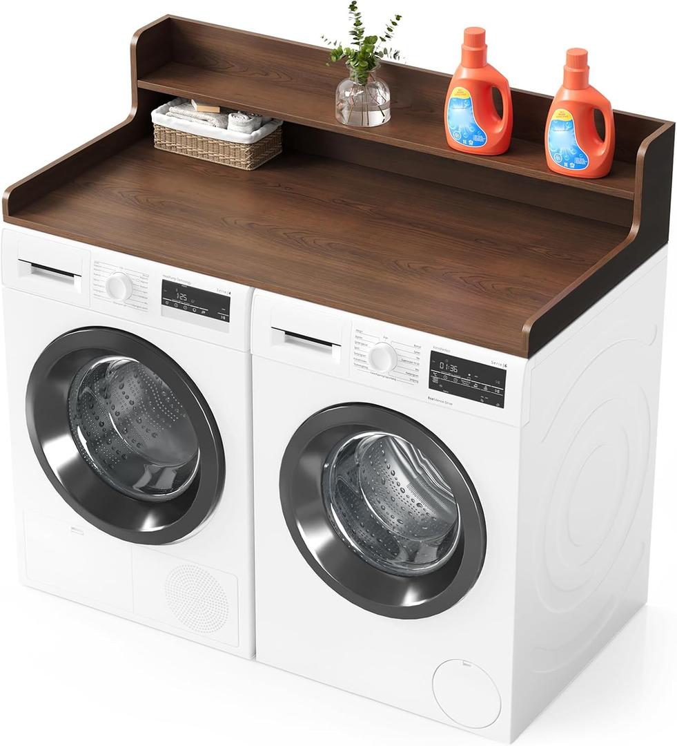SpaceAid Washer Dryer Countertop with 2-Tier Shelf, Wood Topper with Edge, 54" Width x 27.5" Depth Cover Organizer Guard for Washer and Dryer Counter Laundry Hamper Storage (Brown Wood)