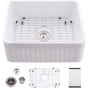24 Inch Small White Farmhouse Sink,Apron Front Sink for Kitchen | 24x18 Fireclay Farmhouse Sink Apron Front Porcelain Ceramic Single Bowl White Kitchen Sink with Dish Grid and Roll Up Rack