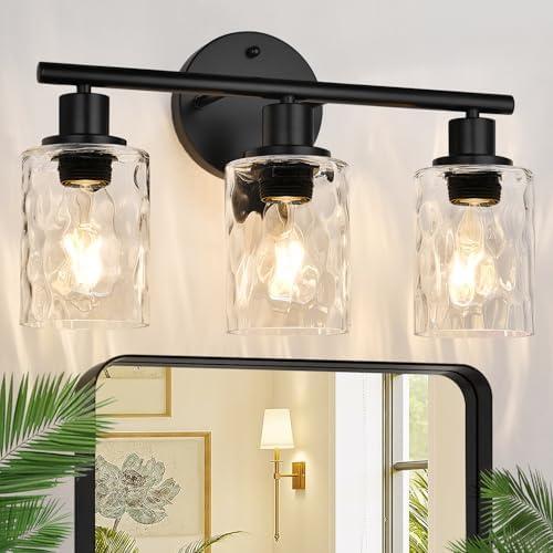Zarbitta 3-Light Bathroom Light Fixtures, Matte Black Vanity Lights with Water Ripple Clear Glass Shade, Bathroom Wall Lamp for Mirror, Kitchen, Living Room, Hallway, Cabinet, Porch