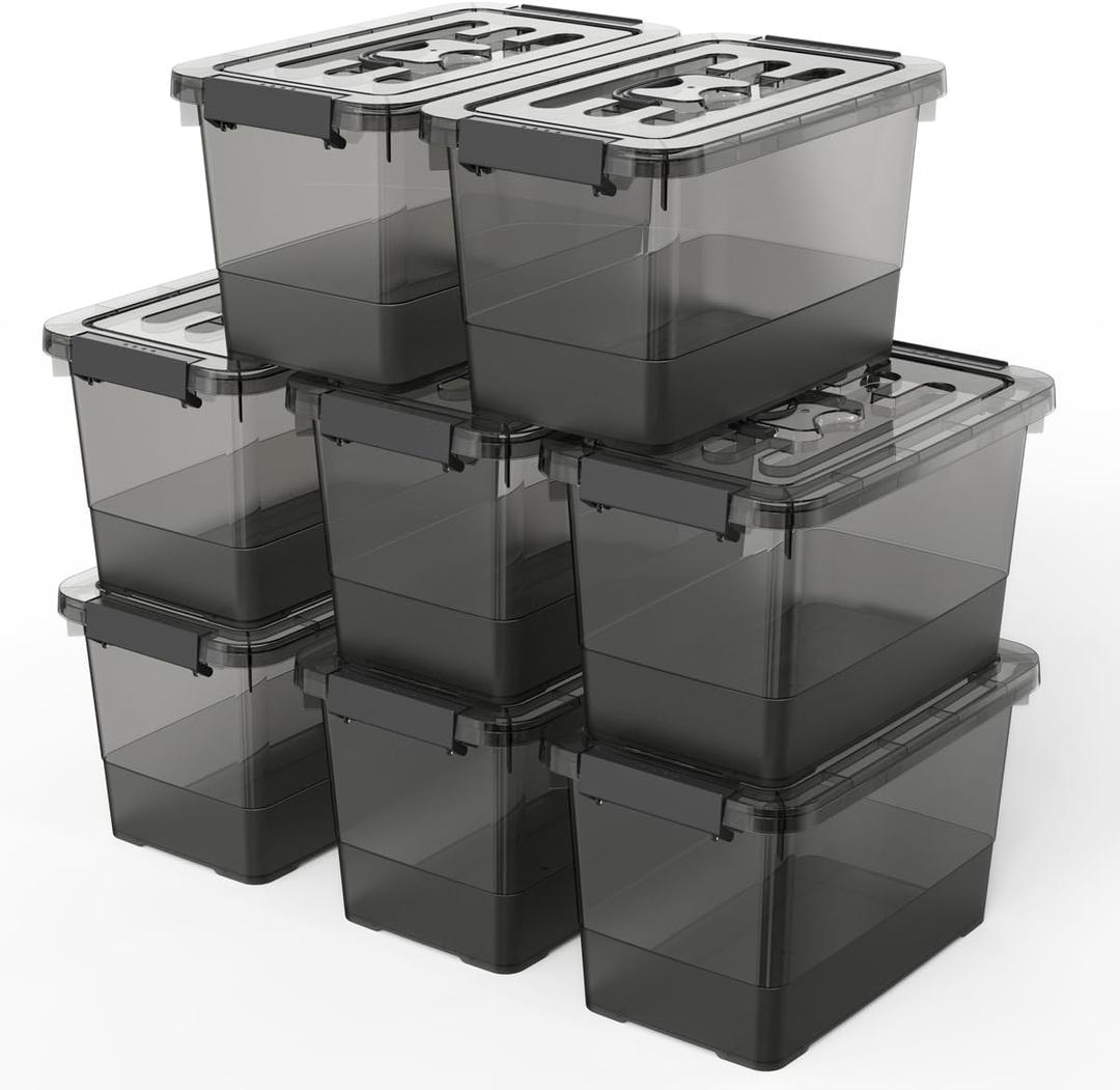 8-Pack Clear Black Plastic Storage Bins with Lids/Handles, 7 Quart Latch Organizer Boxes, Stackable Storage Containers for Organizing