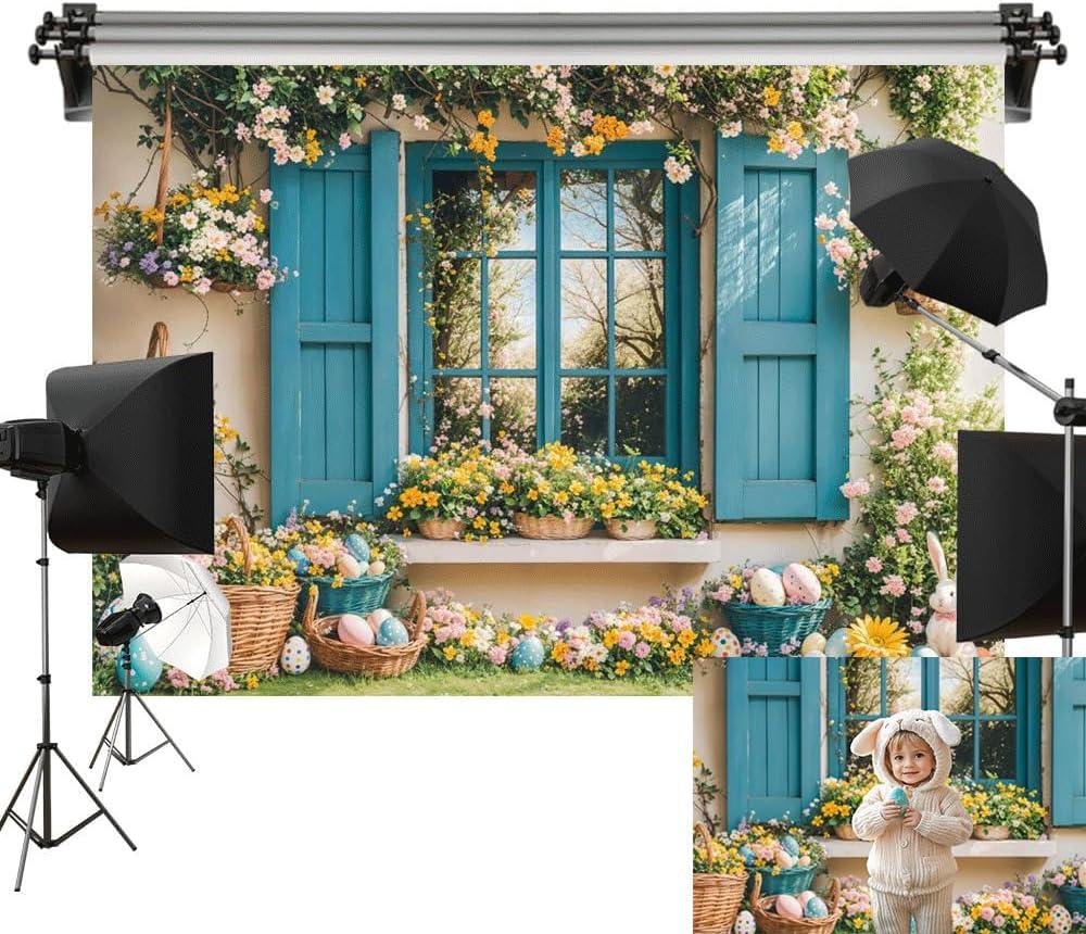 Kate 10x10ft/3x3m Easter Backdrop for Photography Blue Window Floral Bunny Photoshoot Background Photo Video Studio Props (BH1052925)