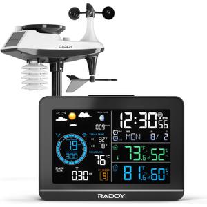 Raddy UV-6 Professional Weather Station with 6" VA Display and Outdoor Sensor, Wireless Indoor Outdoor Temperature & Humidity Monitor, Atomic Clock, UV & Light Index, Wind Speed, Rain Gauge