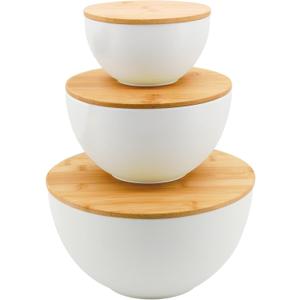 Salad Bowl Set of 3 with Bamboo Wooden Lids, Mixing Bowls Set, Nesting Bowls for Space Saving Storage, Made with Durable Eco-Friendly Bamboo Fiber, Great for Prepping and Serving Food, White