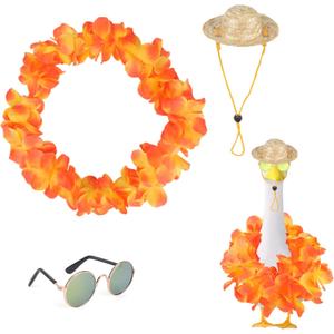 Summer Porch Goose Costume, Hawaiian Porch Goose Outfits Garland Straw Hat Sunglasses Outfit Set Summer Concrete Statue Clothes for 23"/17" Outdoor Patio Yard Lawn Hawaiian Lei Clothing (Orange)