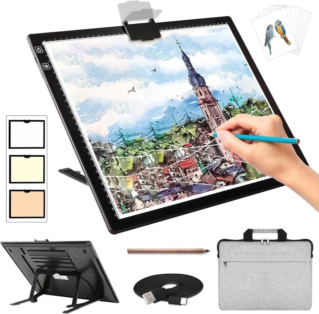 Rechargeable A3 Light Pad for Diamond Painting with Padded Case,Light Board with Stand,3 Colors Stepless Dimmable and 6 Levels of Brightness Light Box for tracing,Drawing,Sketching,Animation