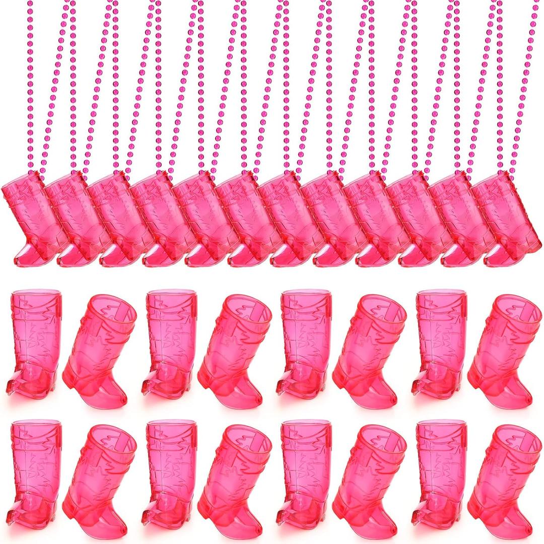 Sieral 24 Pcs Boot Shot Glasses on Beaded Necklace Plastic Cowgirl Shot Glass Cup Necklace Bride Supply for Bachelorette Carnival Party Birthday Wedding Supply (Transparent Rose)
