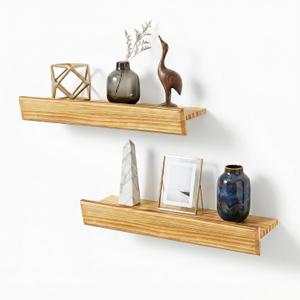 24 Inch Picture Ledge Shelf with Lip,Floating Shelves for Wall, Set of 2 Solid Pine Wood Shelves with Invisible Brackets, Wall Storage for Living Room, Bedroom, Kitchen, Bathroom(Carbonized Brown)