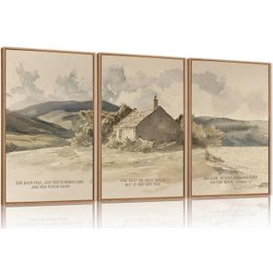 FWIEXA Nature Christian Bible Verse Framed Canvas Wall Art Set, Floods Mountain Houses Jesus Wall Decor, Vintage Easter Artwork, Inspirational Quotes Art Prints for Prayer, Bedroom - Size 24"x36"x3