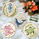 INFUNLY 4 Sets Embroidery Kit for Beginners with Sea Animals Pattern DIY Embroidery Kit for Adults Ocean Embroidery Art Kit Turtles/Seahorses/Octopuses/Whales Cross Stitch Kit with Embroidery Hoops