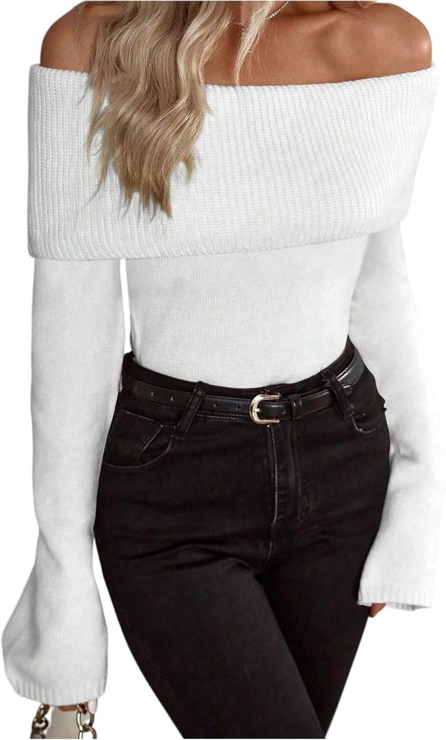 GORGLITTER Women's Off The Shoulder Sweater Long Sleeve Ribbed Knit Pullover Top Trendy Fall Outfits 2025 (Plain White) Small