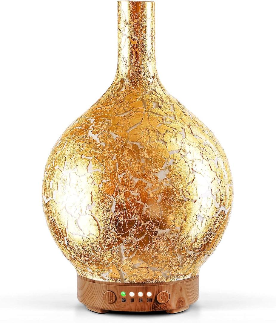 Porseme Gold Plated Essential Oil Diffuser Glass Aromatherapy Ultrasonic Humidifier, Auto Shut-Off,Timer Setting, BPA Free,Aroma Decoration for Home,Office,Gym,Spa,Premium Gift 150ml