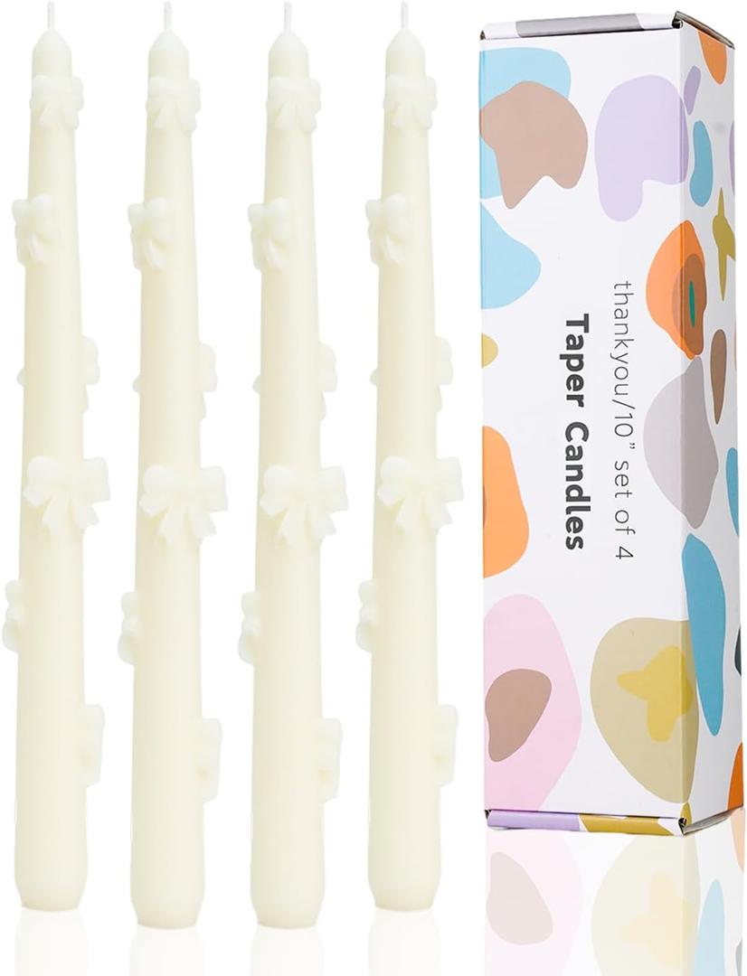 Ivory Taper Candle Candlestick Bow Soy Candles Unscented Wedding Party Wax Unscented Dinner Candle Dripless,10 inch,Set of 4,J1