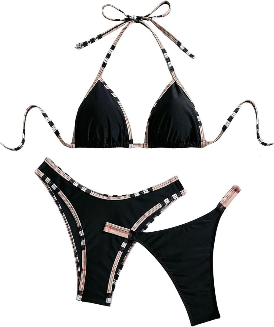 SOLY HUX 3 Piece Swimsuit for Women Checked Pattern Triangle Thong Swimwear Bathing Suit (Black, S)