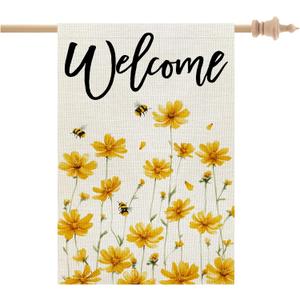 CROWNED BEAUTY Spring House Flag Yellow Wildflower Double Sided 28x40 Inches Large Burlap Welcome Holiday Seasonal Yard Decoration for Outside Porch