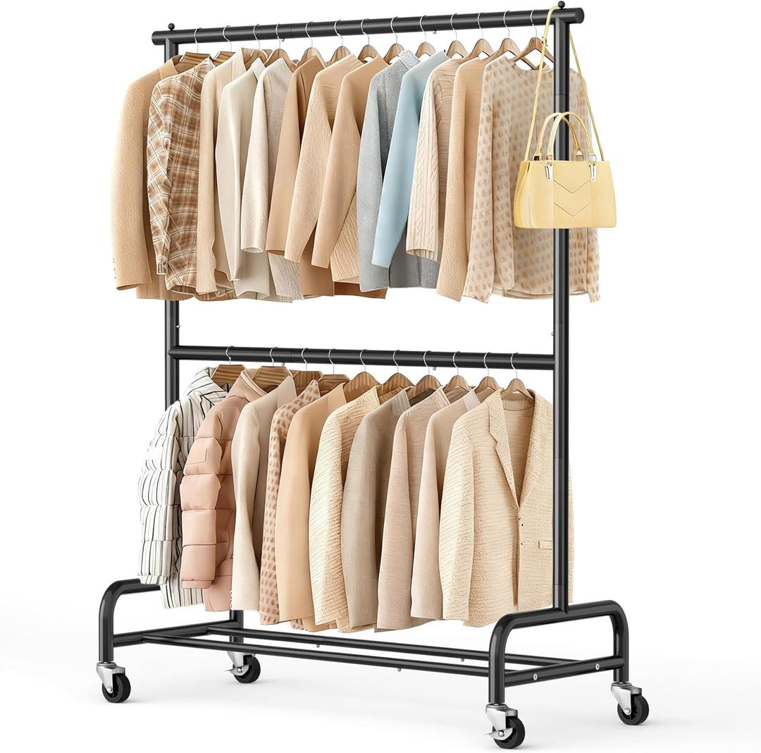 SLEEPING LAMB Double Rod Heavy Duty Clothes Racks for Hanging Clothes, Metal Rolling Garment Rack With Wheels Clothes Hanger Rack Wardrobe Racking for Coats, Shirts (Black)