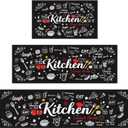 Kitchen Rugs Sets of 3 Non-Slip Washable Rugs with Rubber Backing, Cushioned Comfort Floor Mats for Kitchen, Entryway, Laundry Room, Hallway - Black, 17"x30"+17"x47"+17"x59"
