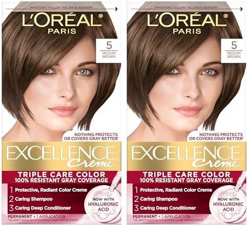 L'Oreal Paris Excellence Crème Permanent Hair Dye, Triple Care Hair Color with Hyaluronic Acid for 100% Gray Coverage, 5 Medium Brown, 1 Kit (Pack of 1)